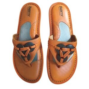 Born Womens Orange Tan Leather Thong Sandals Coconut Shell Accents Size 7/38